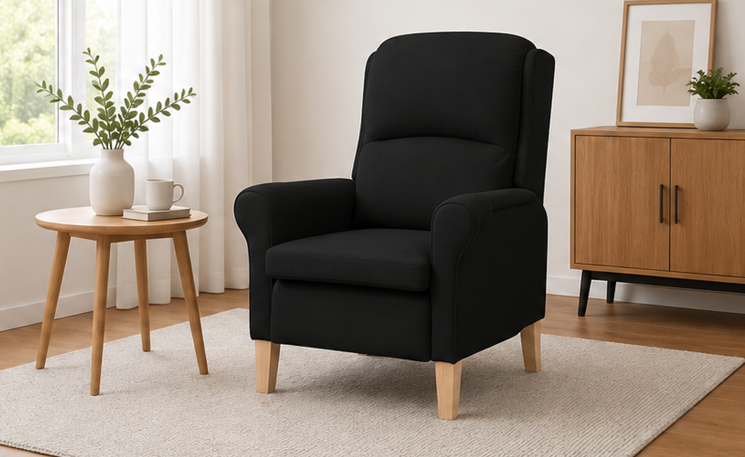 křeslo relaxační, odpočinkové, ušák, dřevo/textil, 101x95x75 cm, přírodní/černá, KR20260036