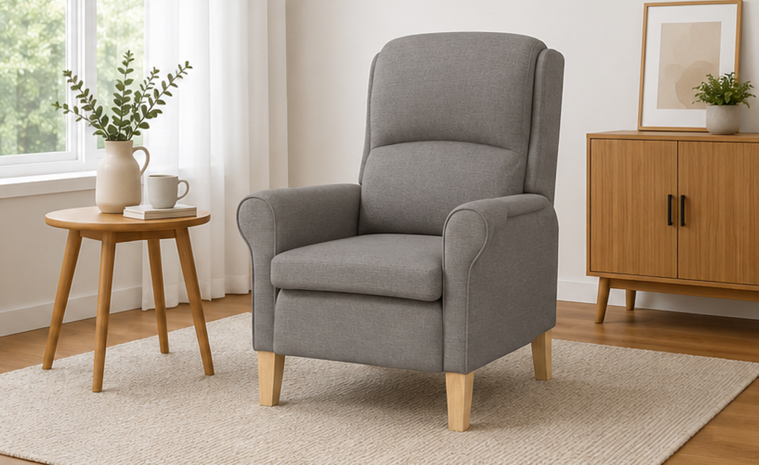 křeslo relaxační, odpočinkové, ušák, dřevo/textil, 101x95x75 cm, přírodní/taupe, KR20260039