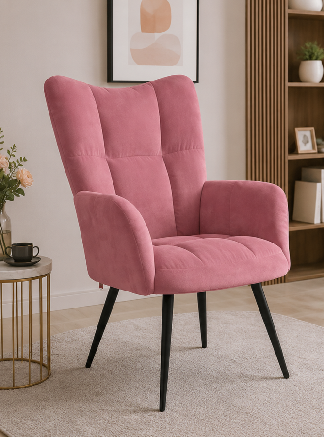 křeslo relaxační, odpočinkové, ušák, kov/samet, 98x63x69 cm, černá/růžová, KR20260005
