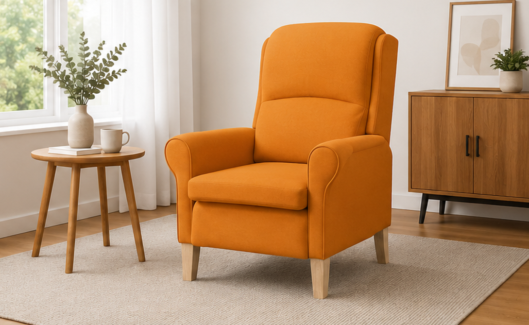 relaxační křeslo, odpočinkové, ušák, dřevo/textil, 101x95x75 cm, přírodní/oranžovožlutá, KR20260042