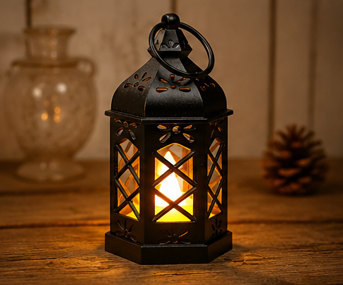lucerna, bateriová, sada 4 ks, LED světlo, styl vintage, plast, 12,5x6,5x6,5 cm, černá, SD20260028