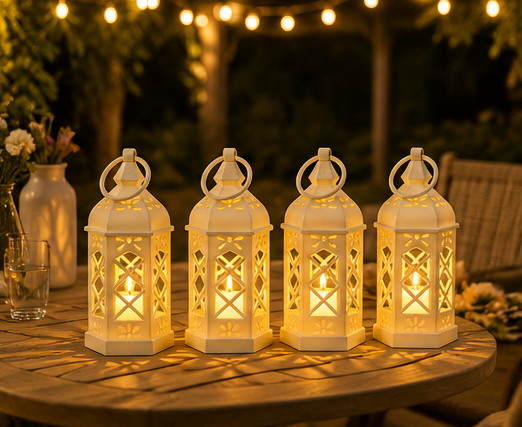 lucerna, bateriová, sada 4 ks, LED světlo, styl vintage, plast, 12,5x6,5x6,5 cm, bílá, SD20260029