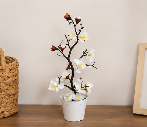 umělá květina, bonsai švestkového květu, plast, výška 28 cm, bílá, UK20260003