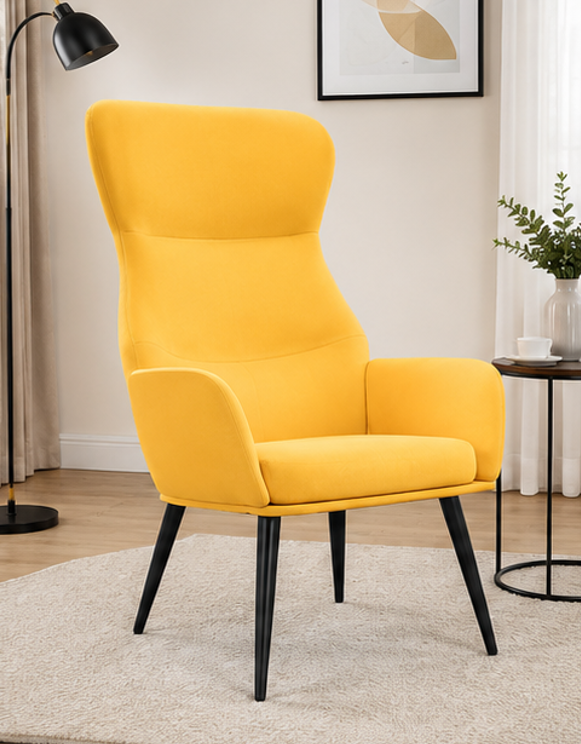 relaxační křeslo, odpočinkové, dřevo/kov/textil, 96x68x79 cm, nohy černé/hořčicově žlutá, KR20260061