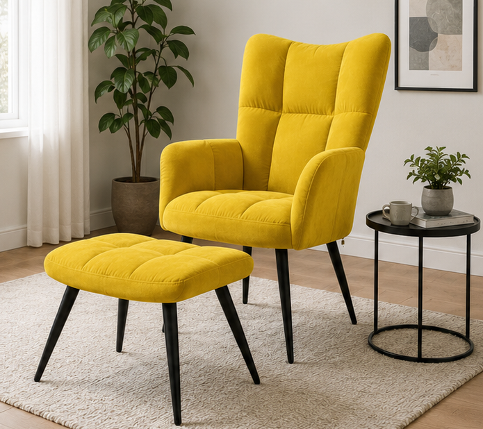 křeslo relaxační, s podnožkou, odpočinkové, ušák, kov/samet, 98x63x69 cm, černá/hořčicově žlutá, KR20260019
