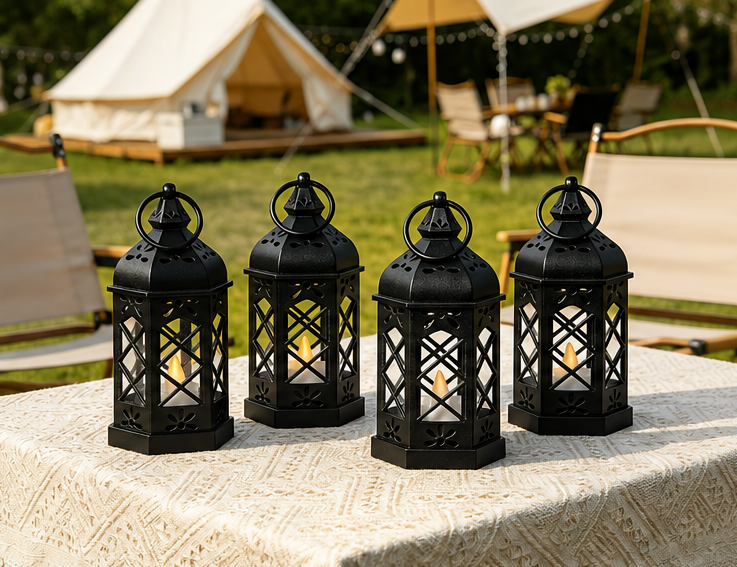 lucerna, bateriová, sada 4 ks, LED světlo, styl vintage, plast, 12,5x6,5x6,5 cm, černá, SD20260028