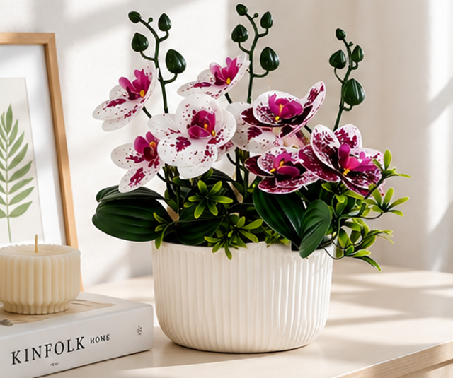 umělá květina, orchidej Phalaenopsis, sada 2 ks, výška 38 cm, plast,  bílá/vínová, UK20260030