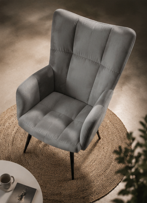 křeslo relaxační, odpočinkové, ušák, kov/samet, 98x63x69 cm, černá/světle šedá, KR20260001