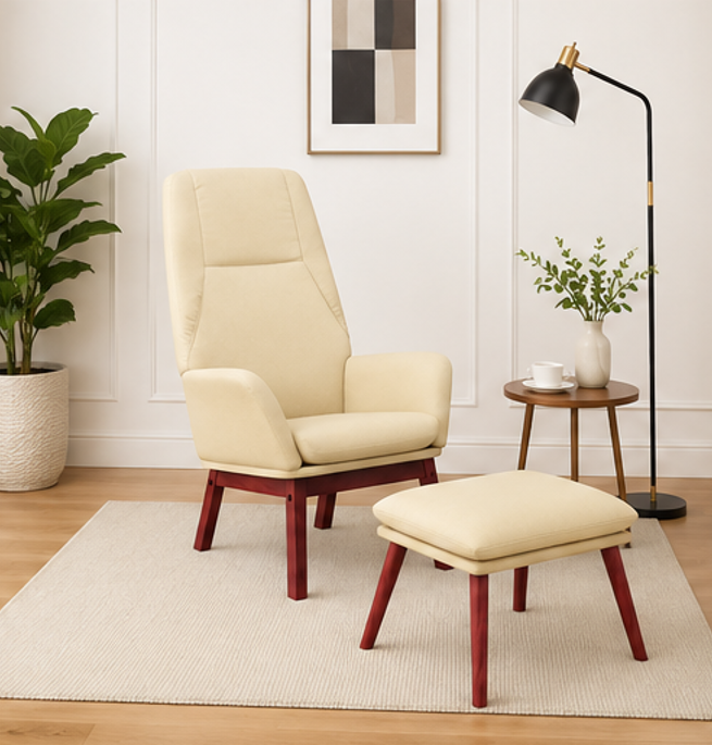 relaxační křeslo, s podnožkou, odpočinkové, masivní kaučukovník/kov/textil, 95x76x71 cm, nohy tmavé/krémová, KR20260086