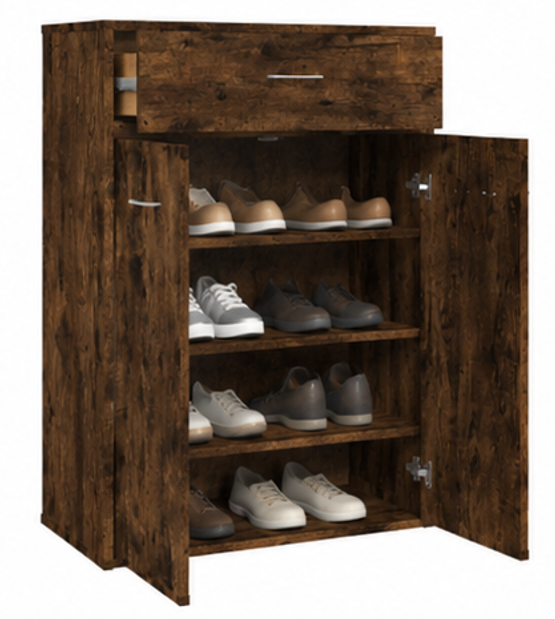skříňka na boty, botník, 1 zásuvka, 2 dvířka, dřevo, 85x61x36 cm, kouřový dub, BB20260064