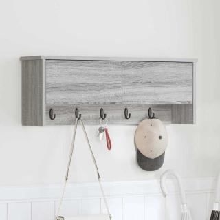 věšák, nástěnný, s dvířky, háčky, kompozitní dřevo, 30x80x20 cm, šedý sonoma, TK20260024