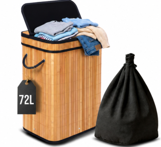 koš na prádlo, objem 72 l, s víkem, bambus, 60x40x30 cm, přírodní, KP20260001