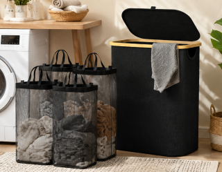 koš na prádlo, objem 110+ l, s víkem, 3 odnímatelné tašky, látka/bambus, 75x43x32 cm, černá/přírodní, KP20260003