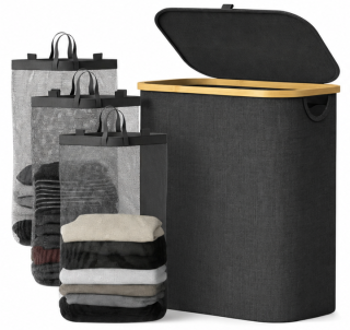 koš na prádlo, objem 110+ l, s víkem, 3 odnímatelné tašky, látka/bambus, 75x43x32 cm, šedá/přírodní, KP20260003