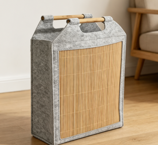 koš na prádlo, objem 23 l, bez víka, přenosný, plsť/bambus, 42x38x14 cm, šedá/přírodní, KP20260004