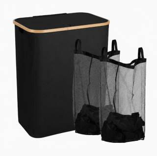 koš na prádlo, objem 145 l, s víkem, pano/bambus, 78x64x43 cm, černá/přírodní, KP20260009