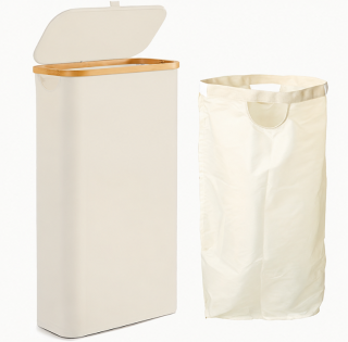 koš na prádlo, objem 60 l, s víkem, oxford/bambus, 66x41x22 cm, béžová/přírodní, KP20260010