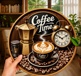 nástěnné hodiny, 2D, malé, dřevo, 20x20 cm, coffee styl, HN20260003