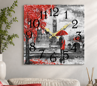 nástěnné hodiny, čtvercové, dřevo, 20x20 cm, vzor láska v dešti, HN20260014