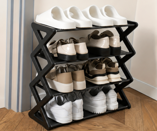 botník, 4 patra, tvrzený plast/netkaná textilie, 50x40x19 cm, černá, BB20260005