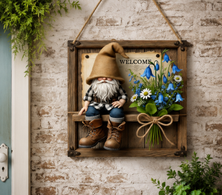 dekorace na zeď, dřevo, 20x20 cm, Boho styl s trpaslíkem, DZ20260004